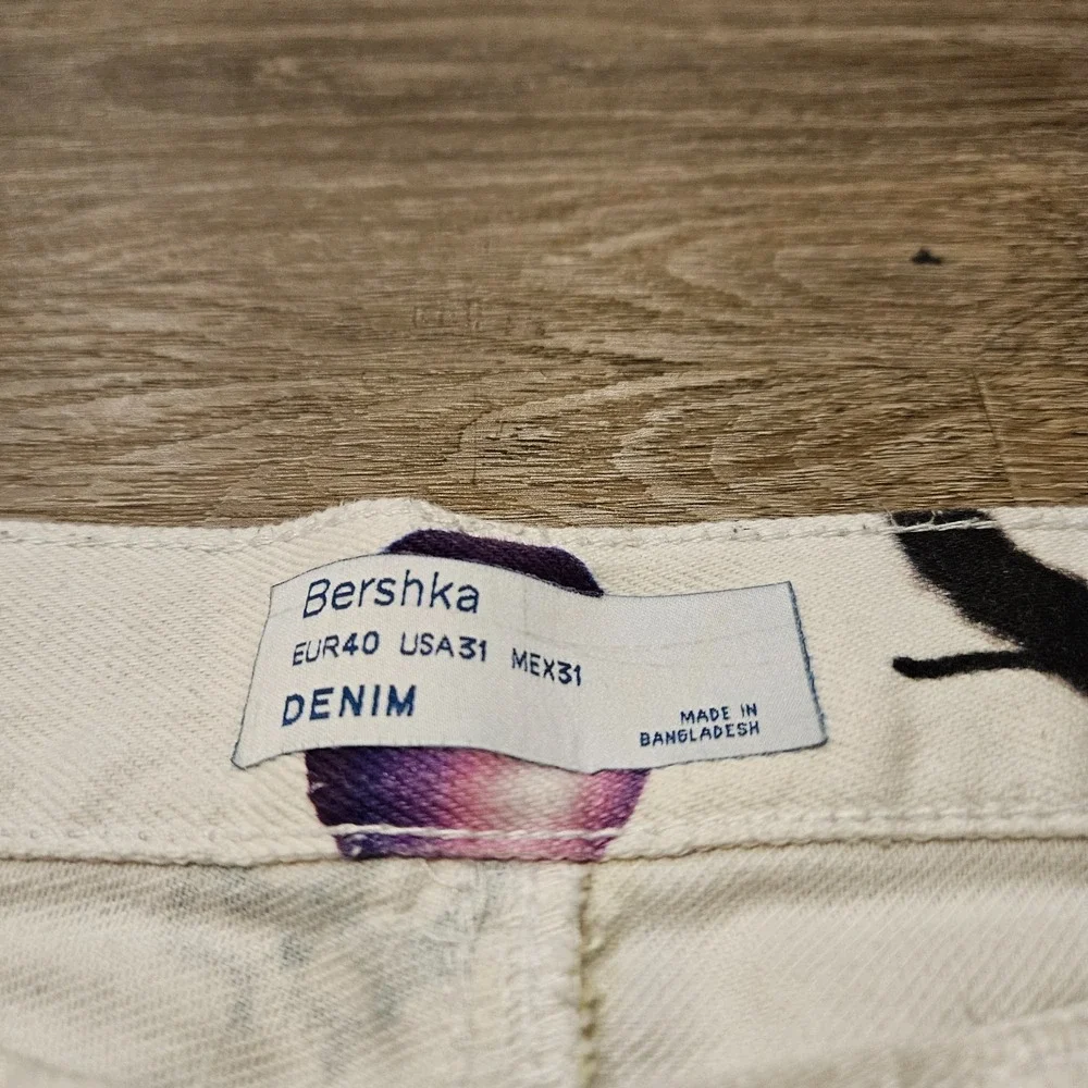 Bershka Graphic Print Straight Leg Jeans Men's 31 White Butterfly Art Denim